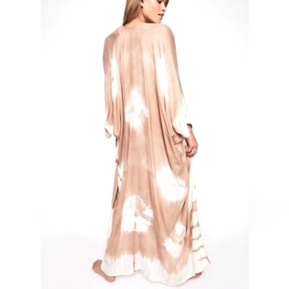 New Free People Tie Dye O/S Tan Ivory Cafe Long Oversized Kimono Duster Cardigan